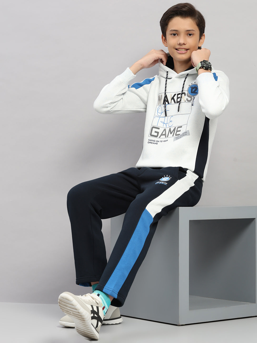 Boys Navy Blue Printed Collar Full Sleeve Winter Tracksuit