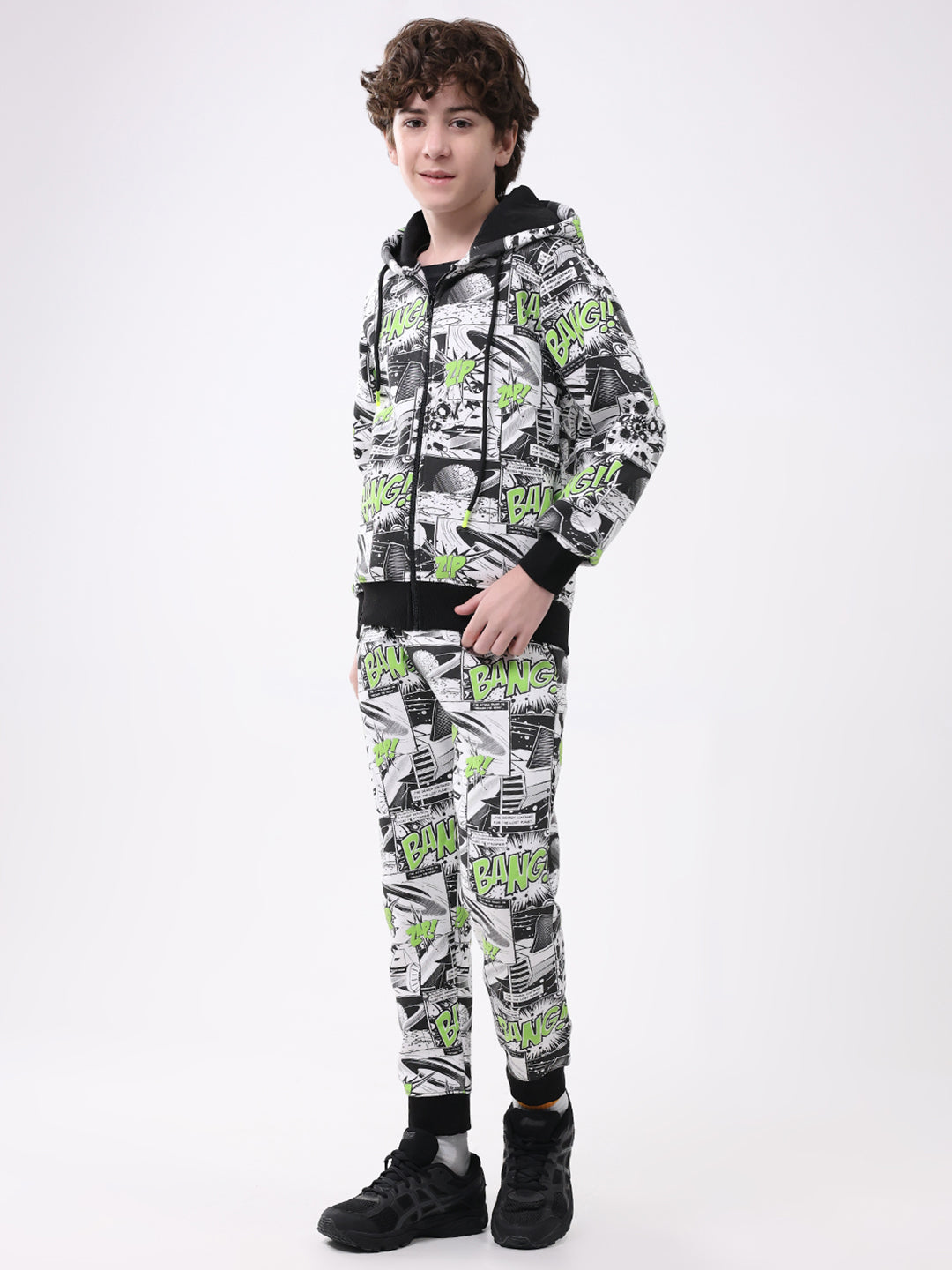 Boys Black Printed Hooded Full Sleeve Winter Tracksuit
