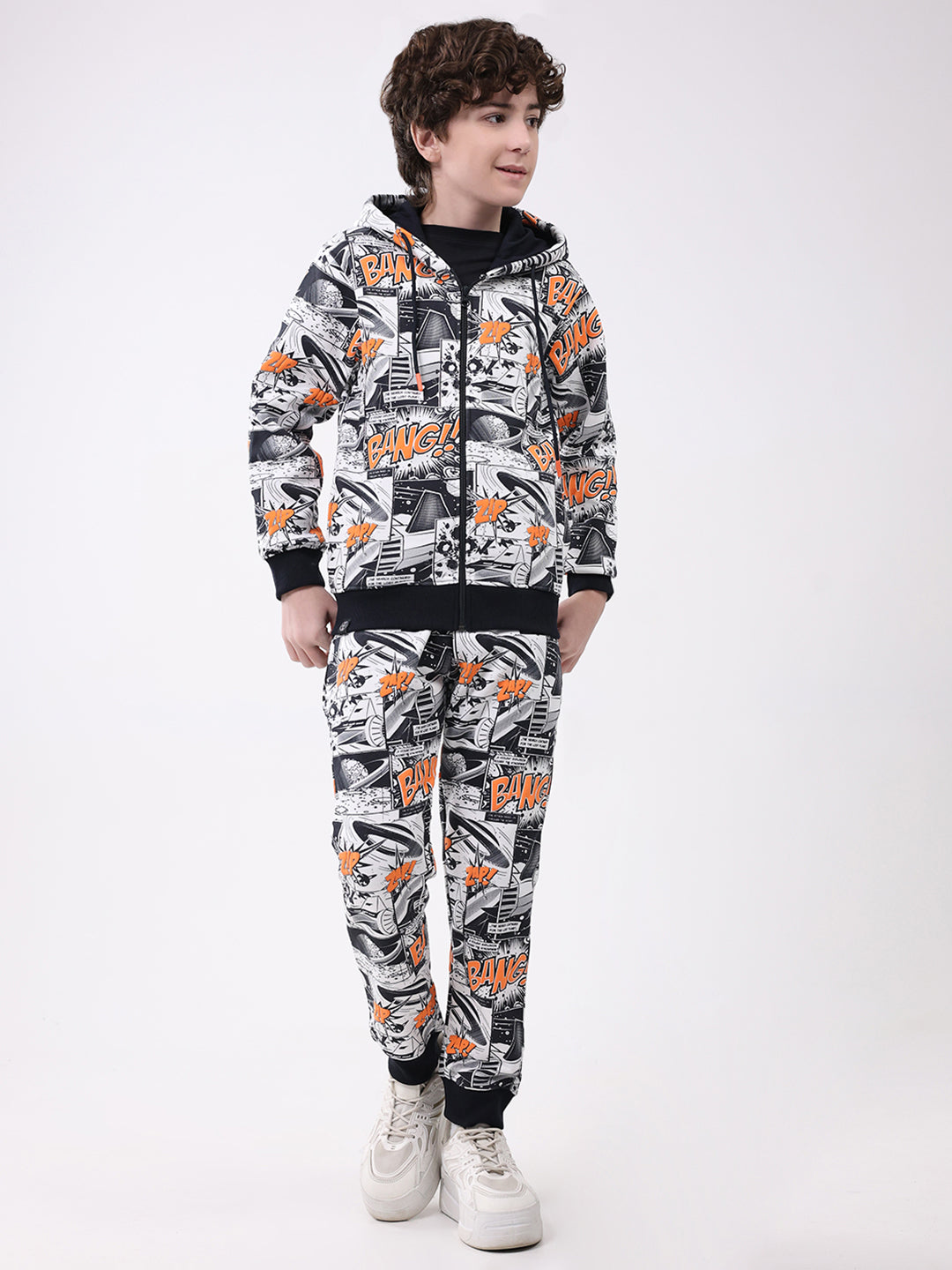 Boys Navy Blue Printed Hooded Full Sleeve Winter Tracksuit