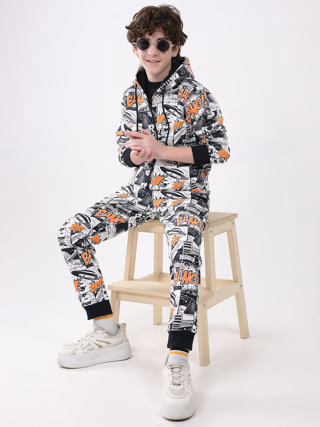 Boys Navy Blue Printed Hooded Full Sleeve Winter Tracksuit