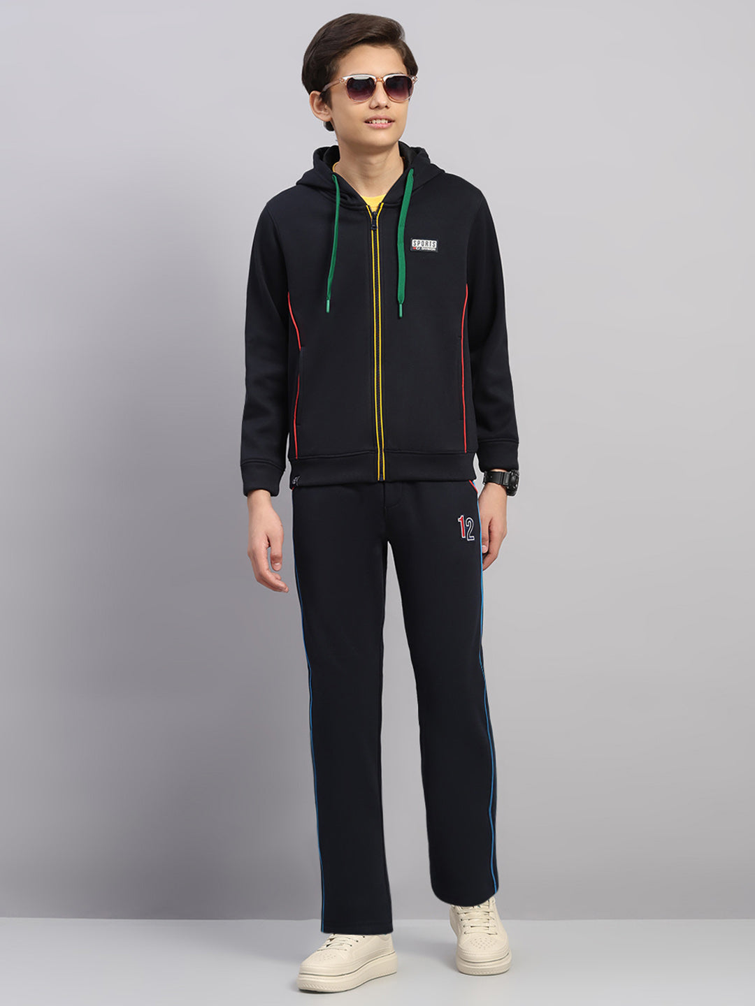 Boys Navy Blue Embroidered Collar Full Sleeve Winter Tracksuit