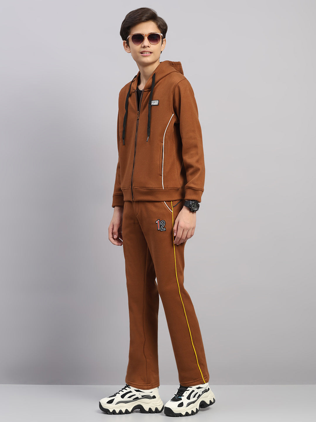 Boys Tan Embroidered Collar Full Sleeve Winter Tracksuit