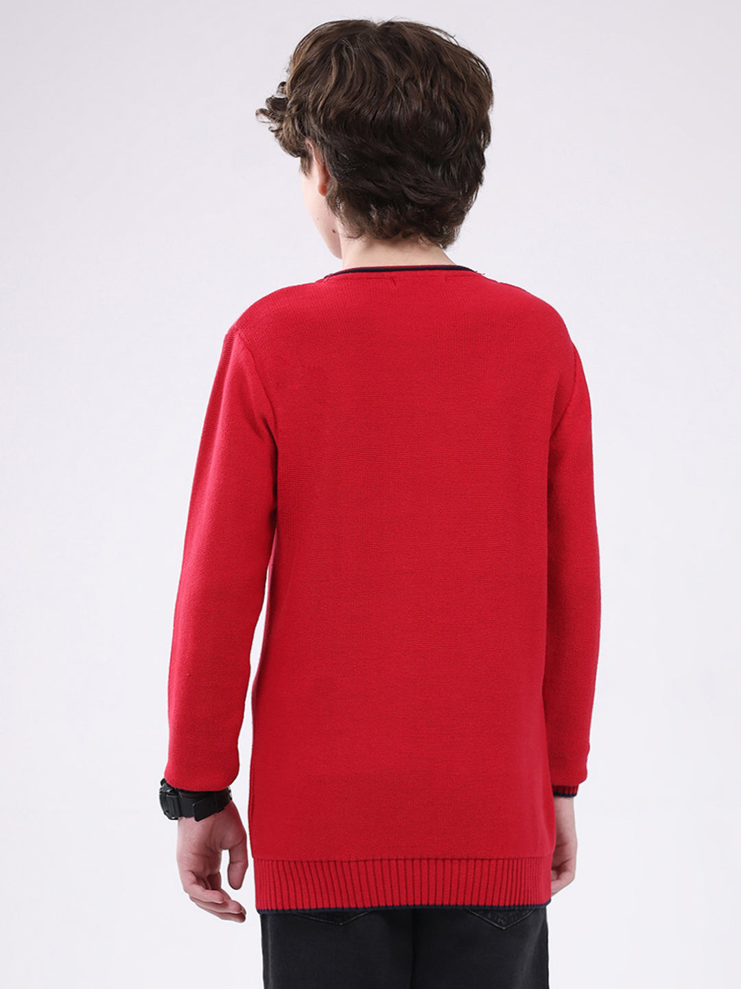 Boys Red Solid Round Neck Full Sleeve Pullover