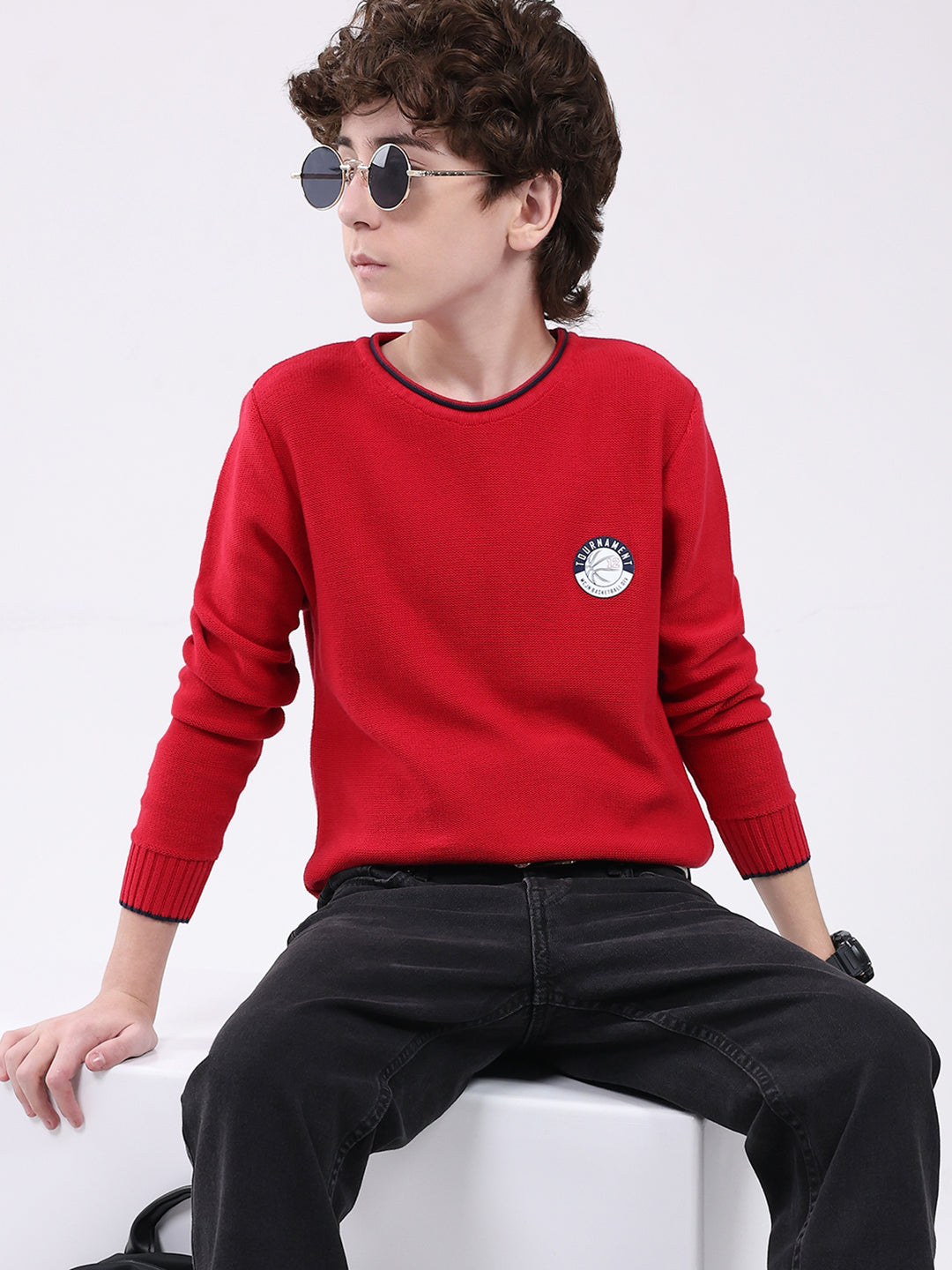 Boys Red Solid Round Neck Full Sleeve Pullover