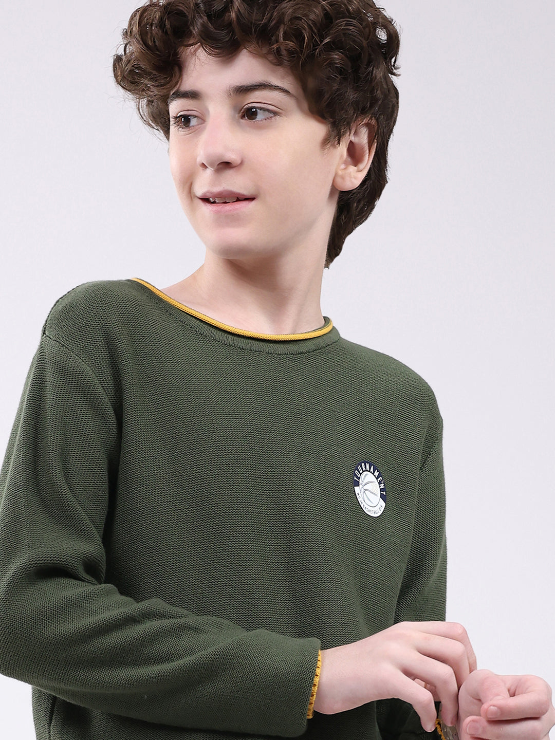 Boys Olive Solid Round Neck Full Sleeve Pullover