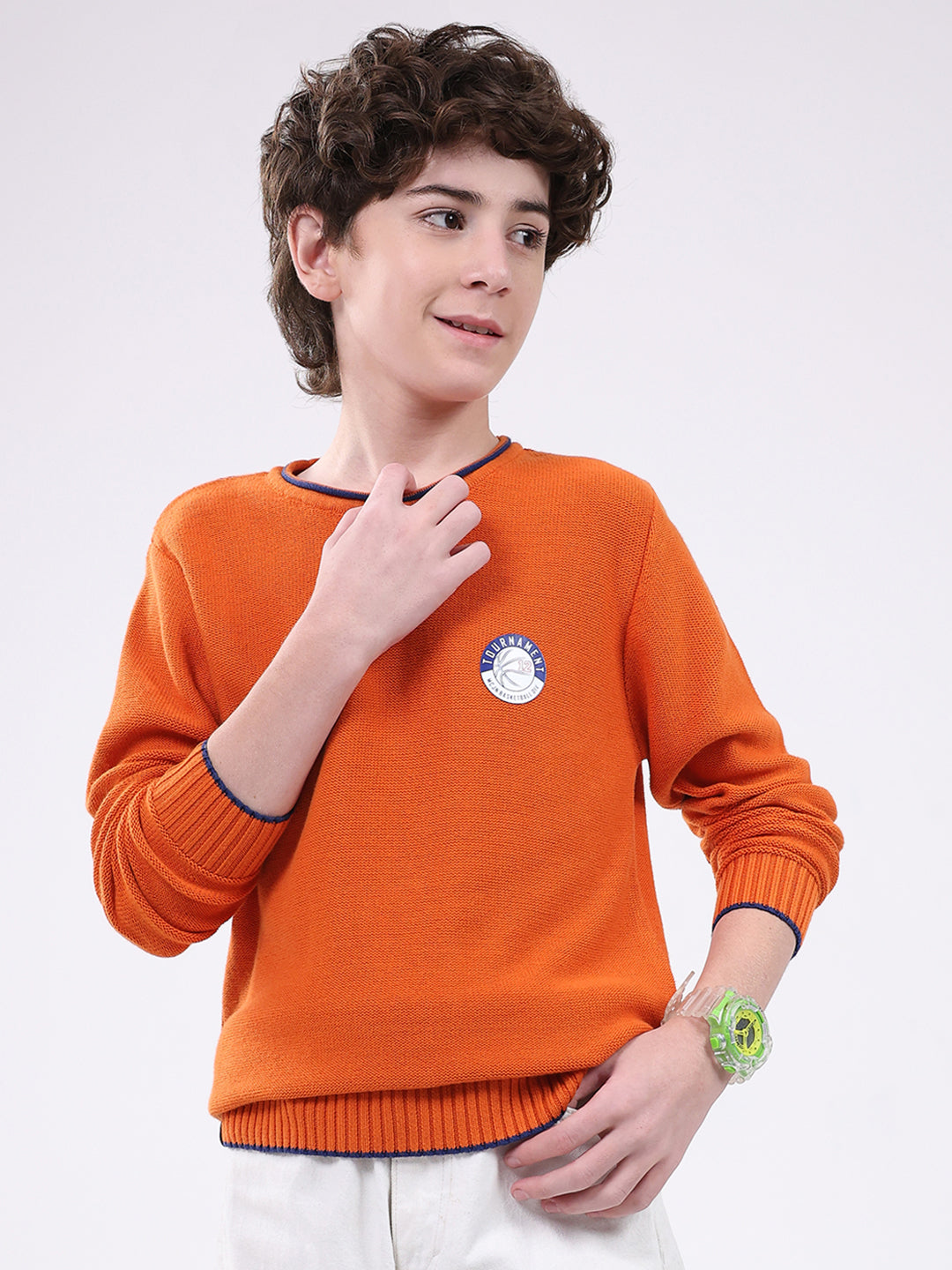 Boys Orange Solid Round Neck Full Sleeve Pullover