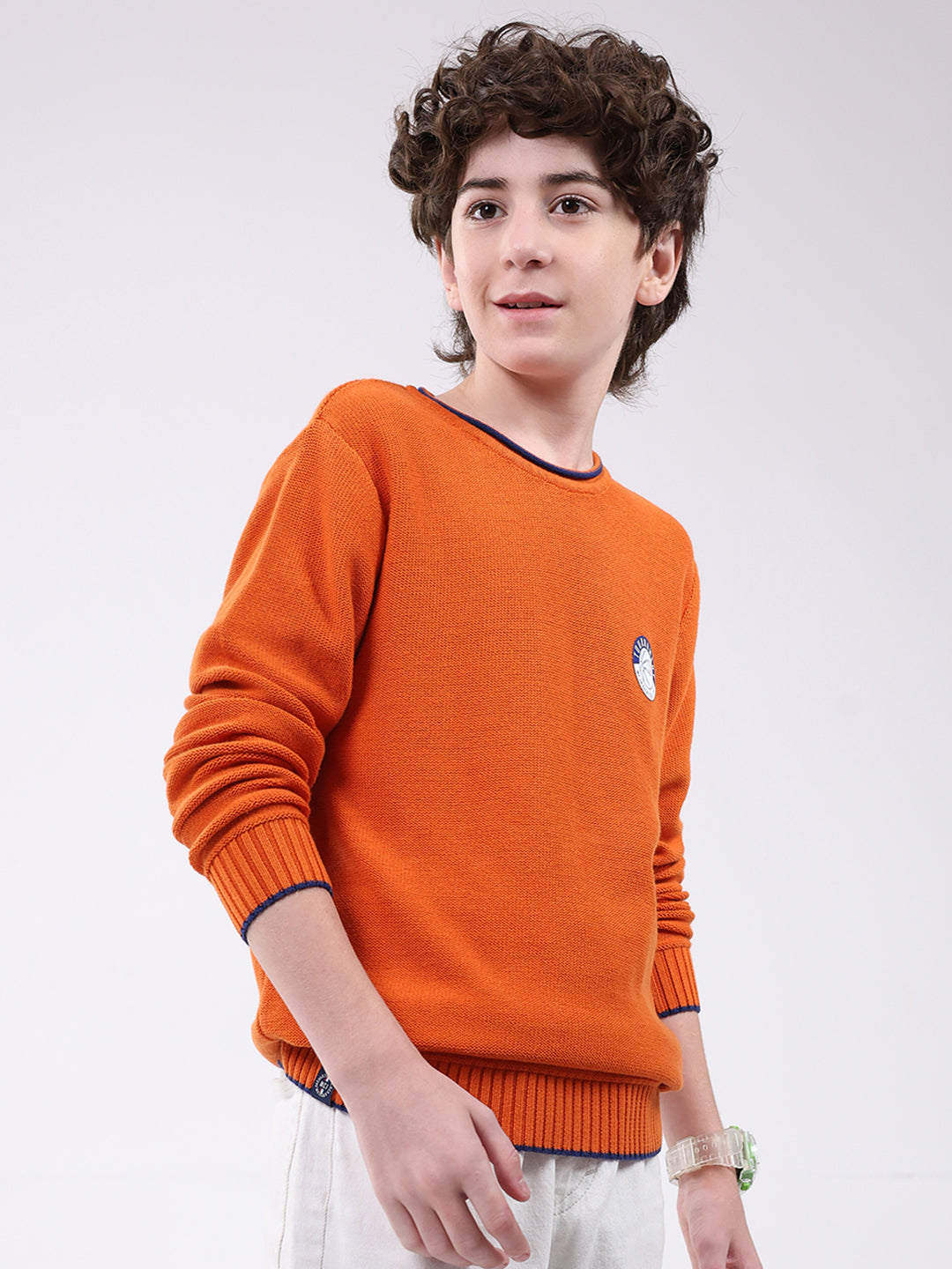 Boys Orange Solid Round Neck Full Sleeve Pullover