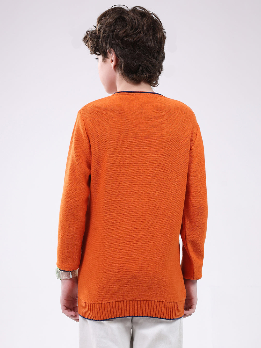 Boys Orange Solid Round Neck Full Sleeve Pullover