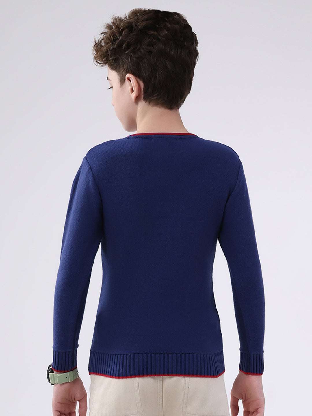 Boys Navy Blue Solid Round Neck Full Sleeve Pullover