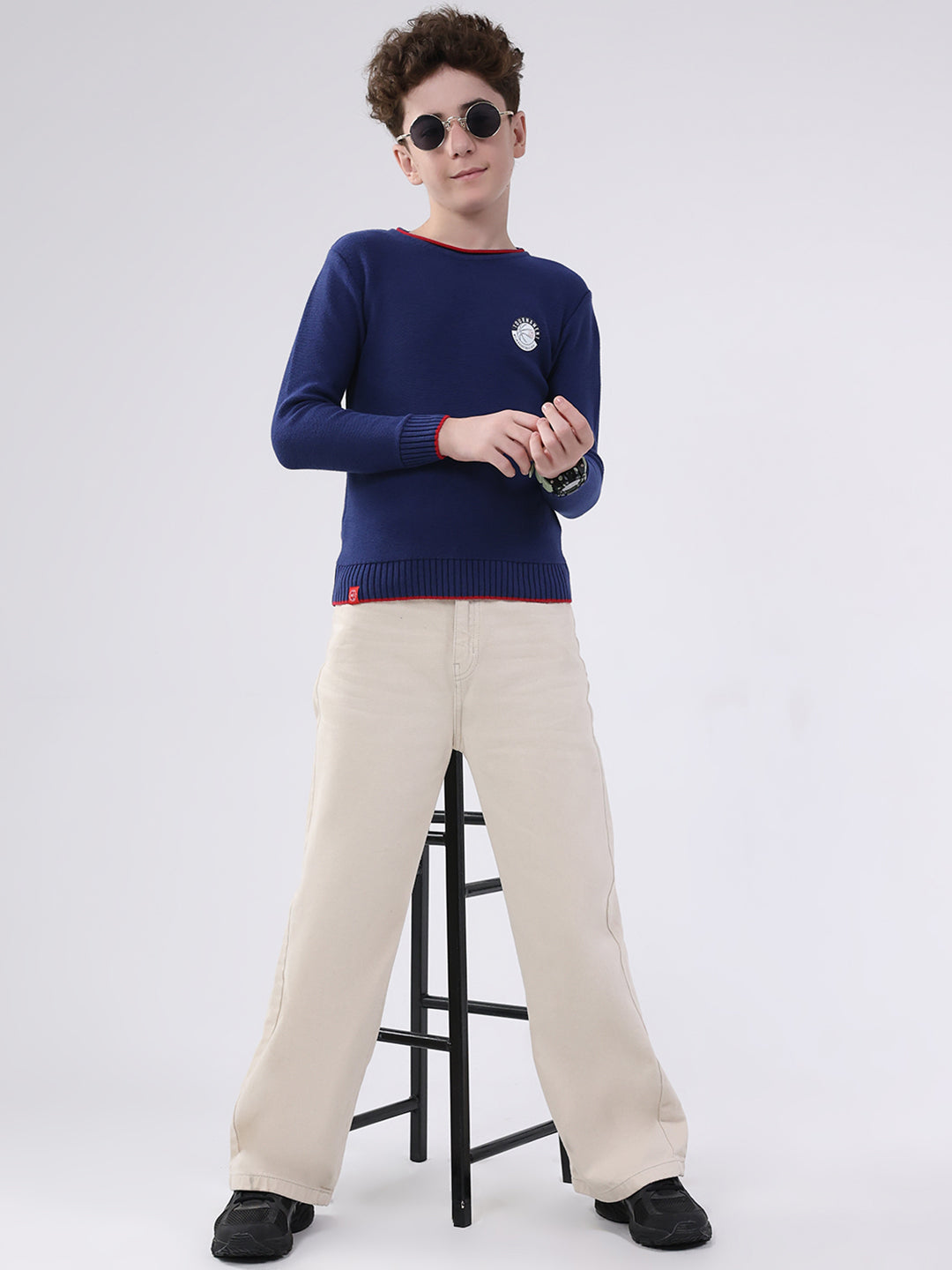 Boys Navy Blue Solid Round Neck Full Sleeve Pullover