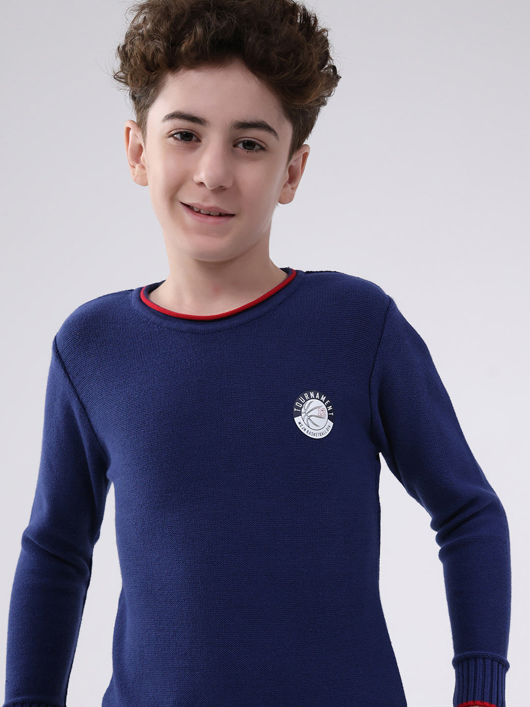Boys Navy Blue Solid Round Neck Full Sleeve Pullover