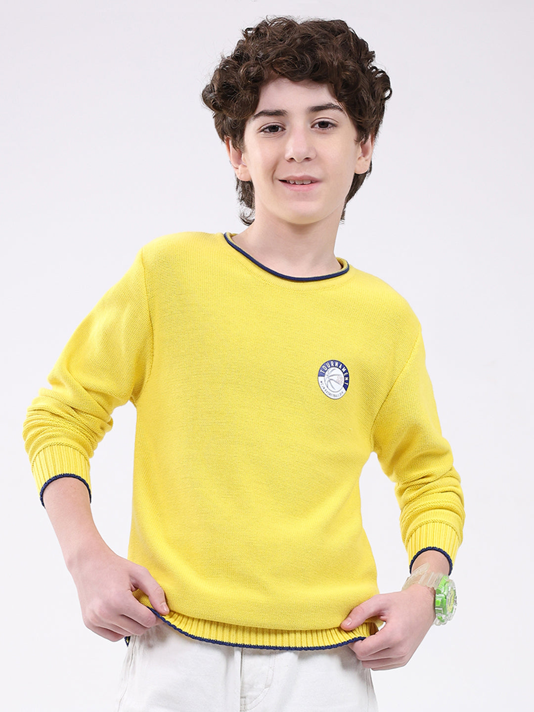 Boys Yellow Solid Round Neck Full Sleeve Pullover
