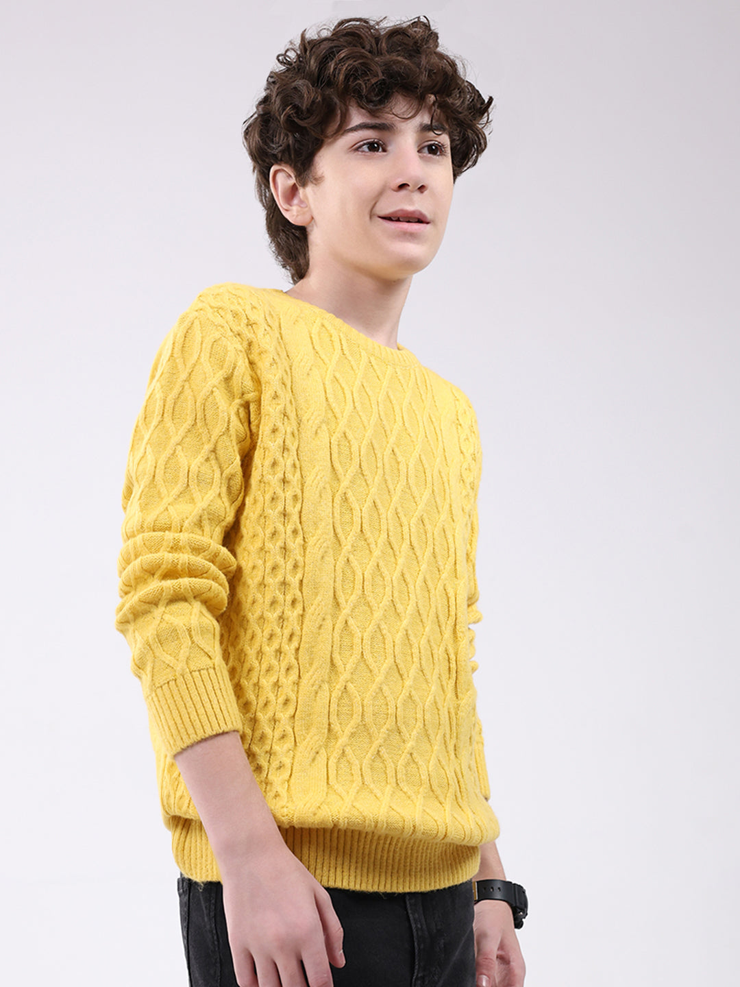 Boys Yellow Self Design Round Neck Full Sleeve Pullover