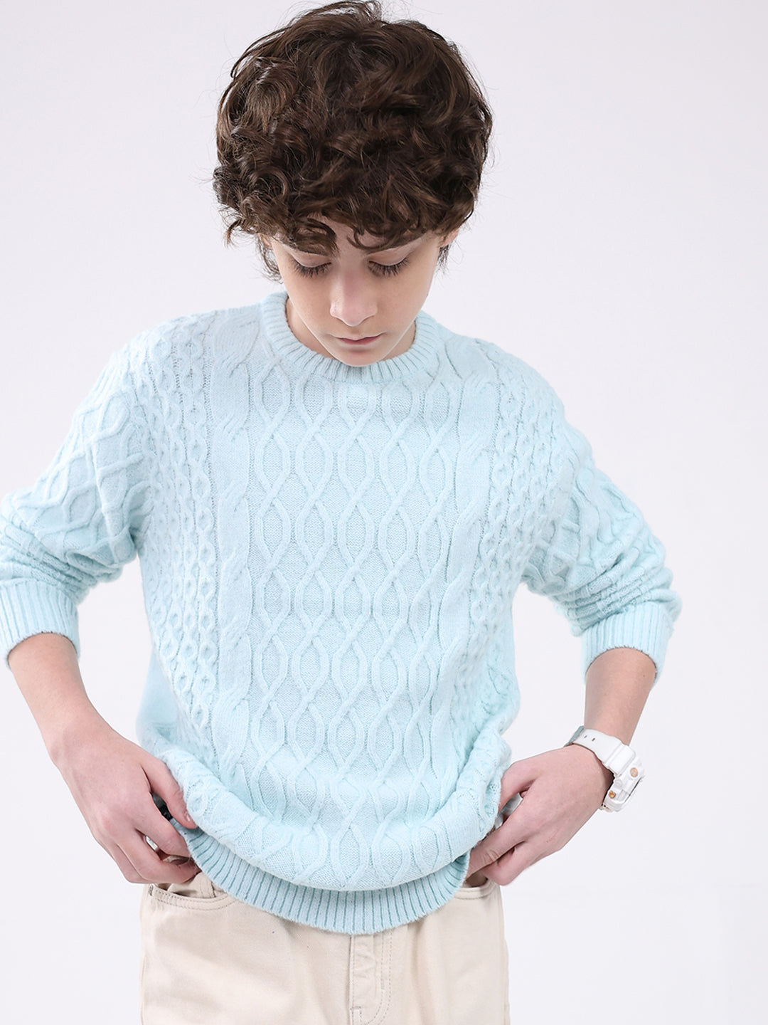 Boys Blue Self Design Round Neck Full Sleeve Pullover