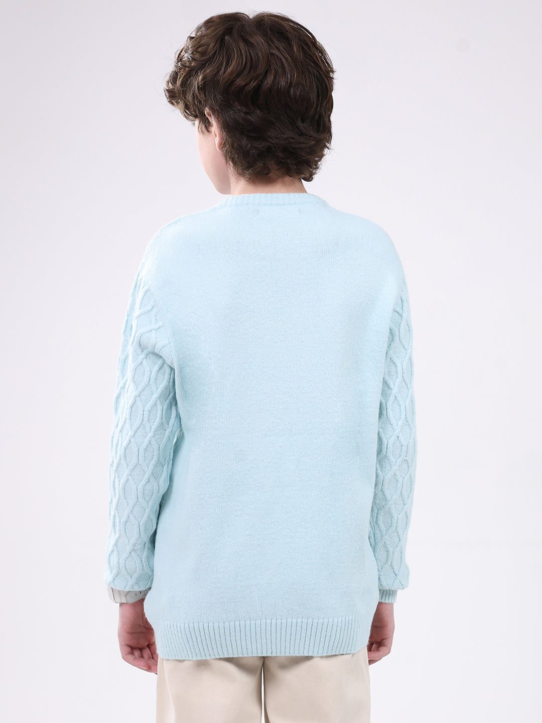 Boys Blue Self Design Round Neck Full Sleeve Pullover