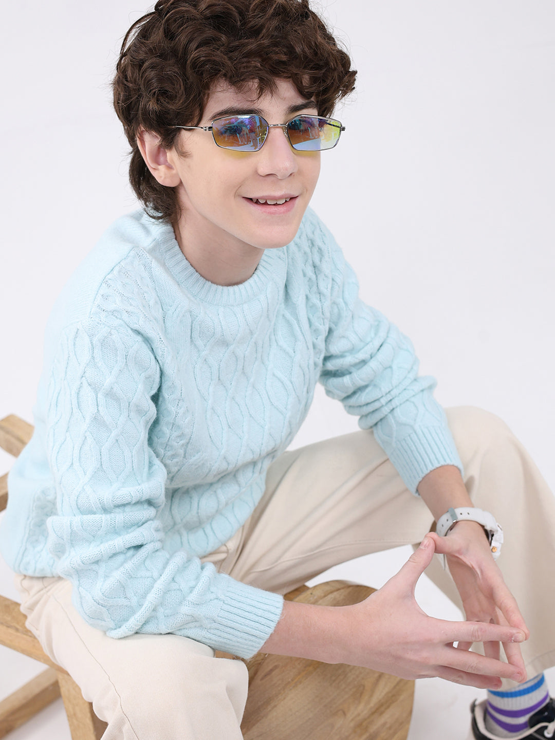 Boys Blue Self Design Round Neck Full Sleeve Pullover