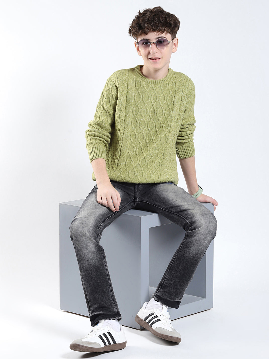 Boys Green Printed Round Neck Full Sleeve Pullover