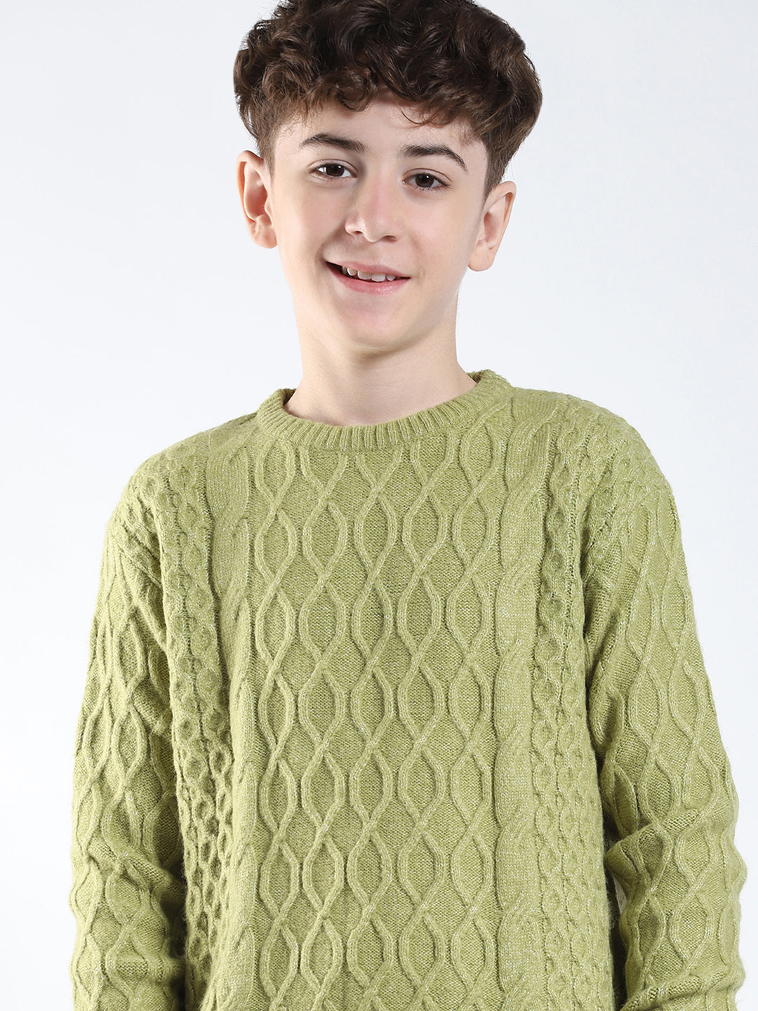 Boys Green Printed Round Neck Full Sleeve Pullover