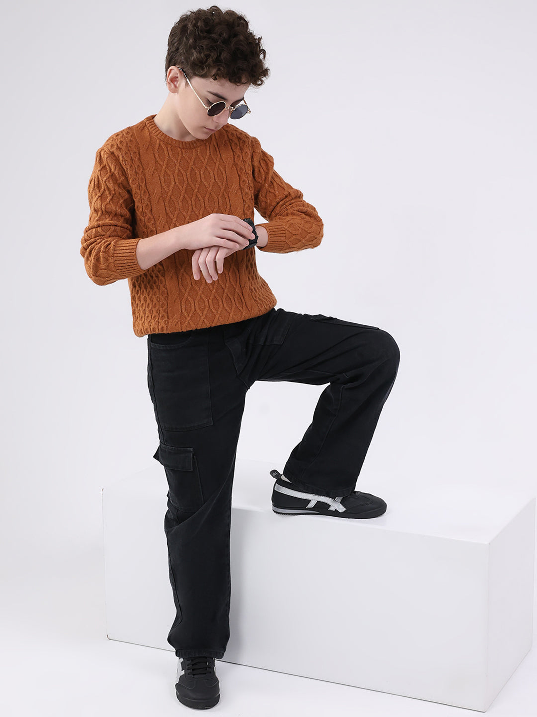 Boys Rust Self Design Round Neck Full Sleeve Pullover