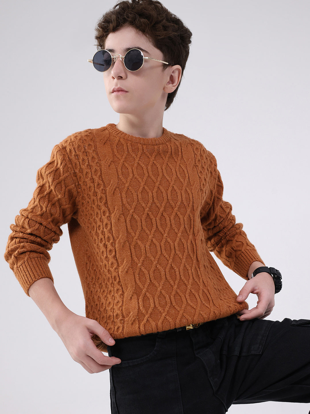 Boys Rust Self Design Round Neck Full Sleeve Pullover