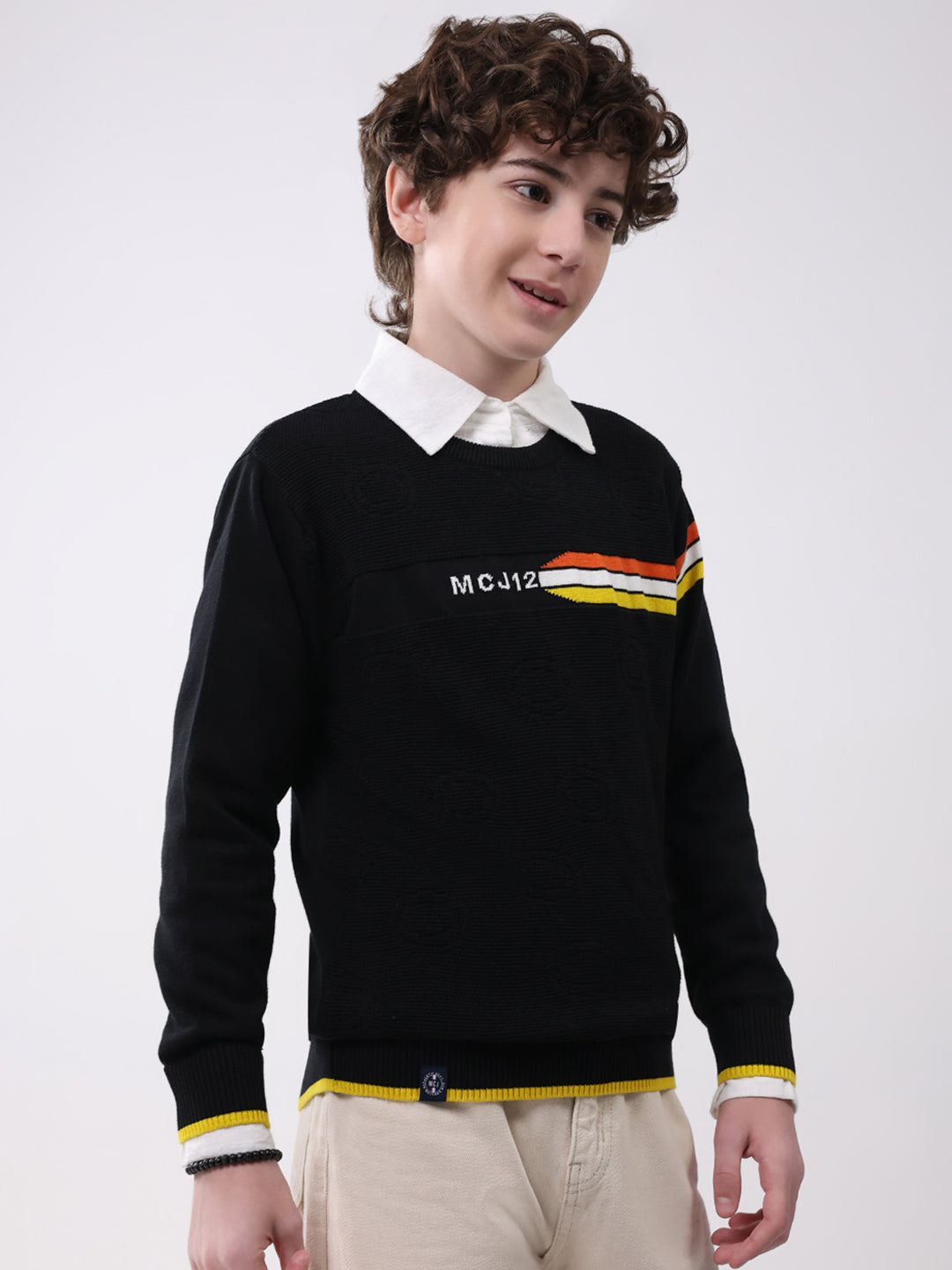 Boys Black Self Design Round Neck Full Sleeve Pullover
