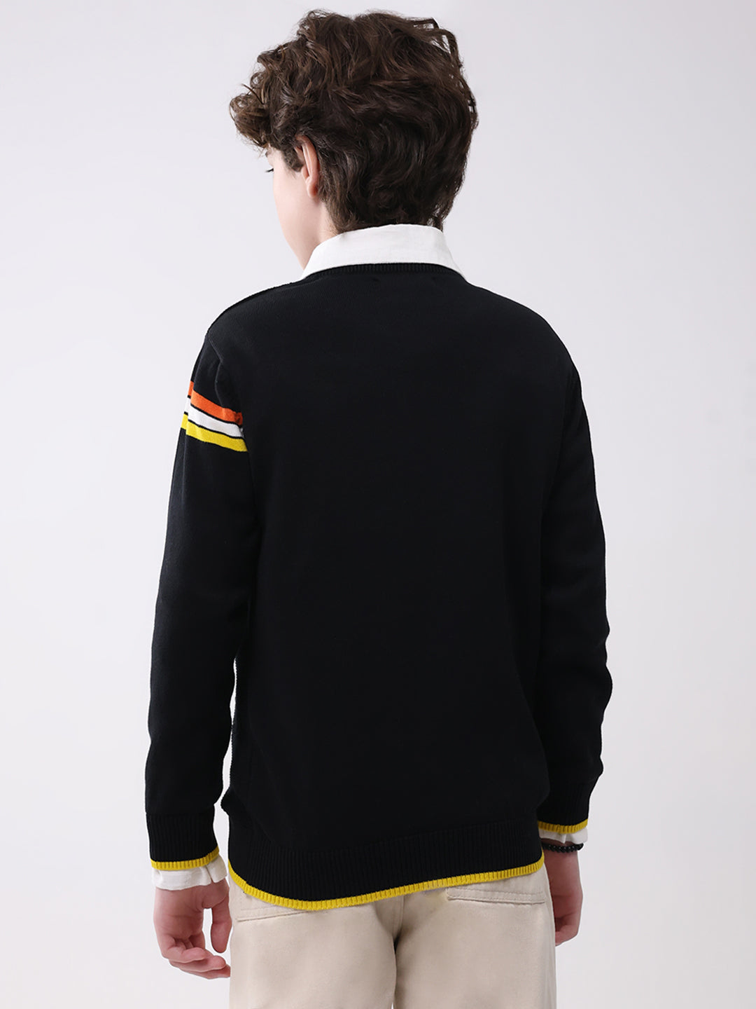 Boys Black Self Design Round Neck Full Sleeve Pullover