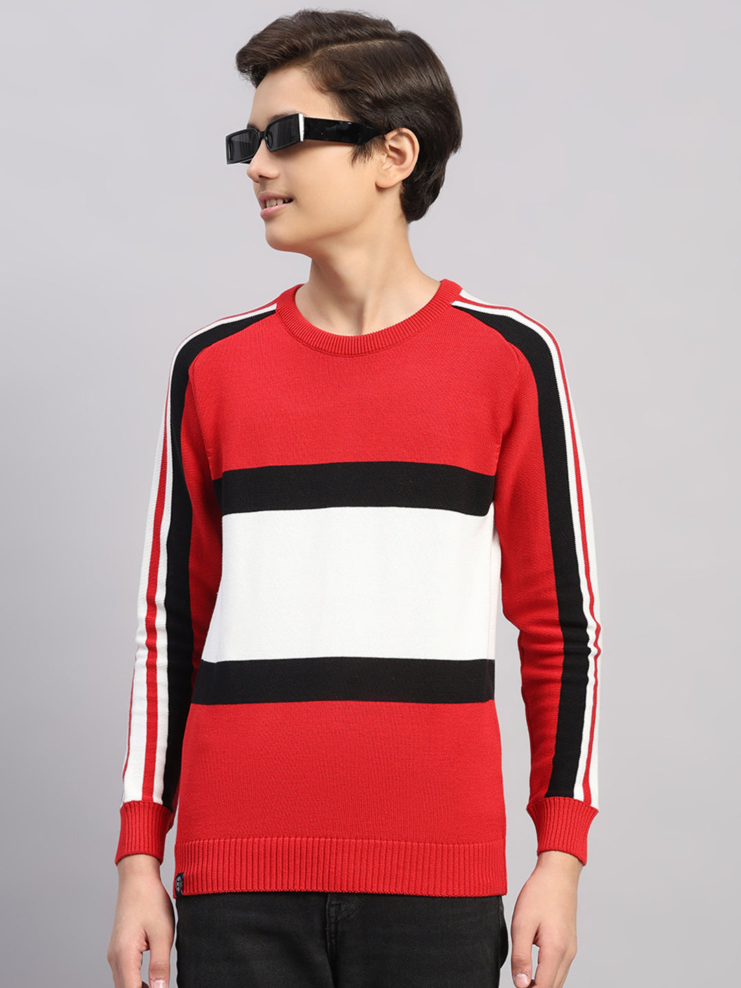Boys Red Stripe Round Neck Full Sleeve Pullover