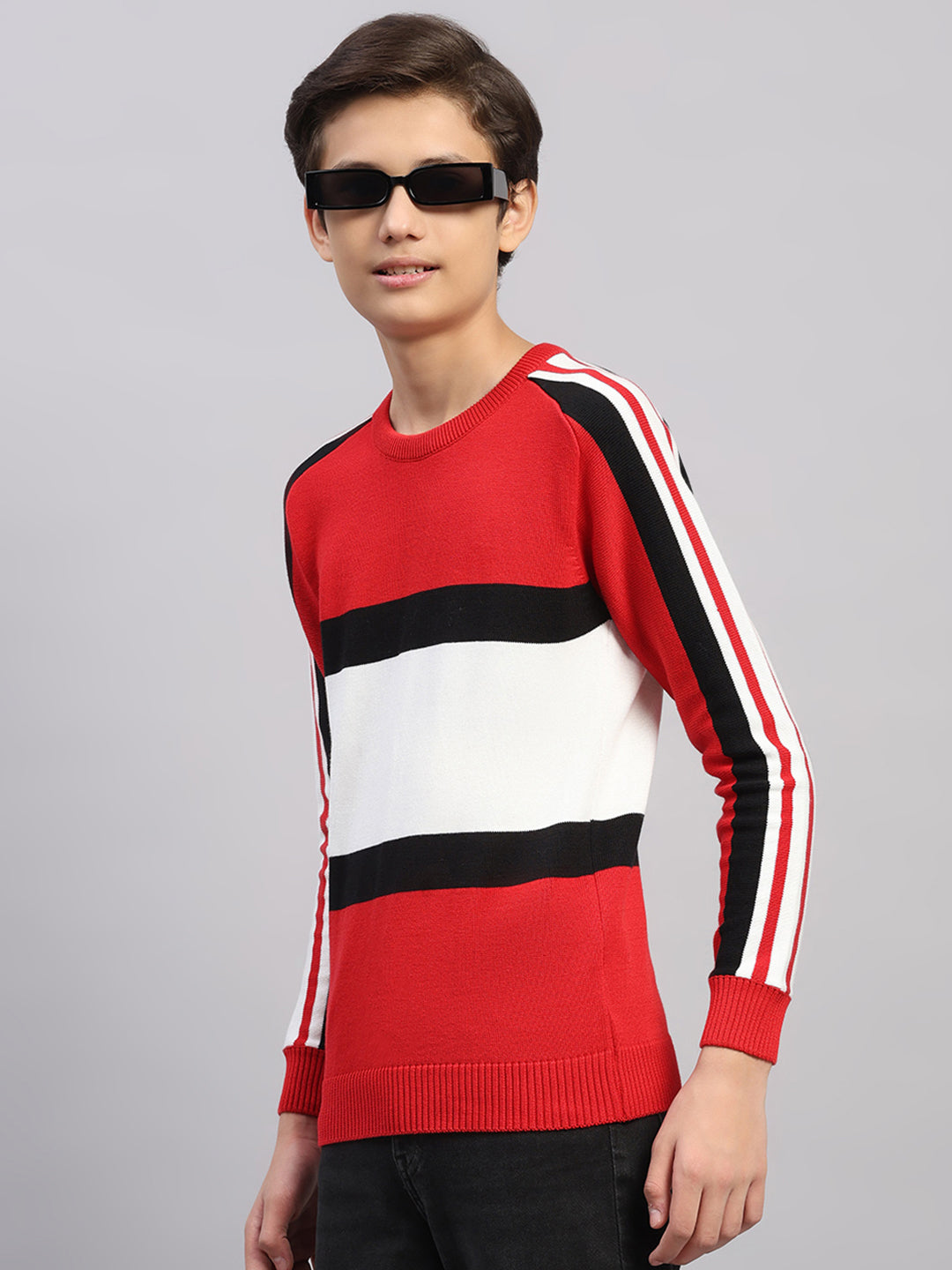 Boys Red Stripe Round Neck Full Sleeve Pullover