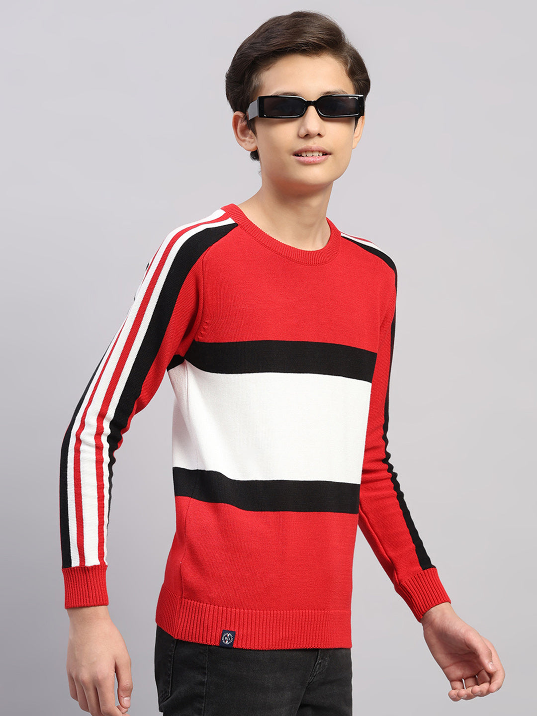 Boys Red Stripe Round Neck Full Sleeve Pullover
