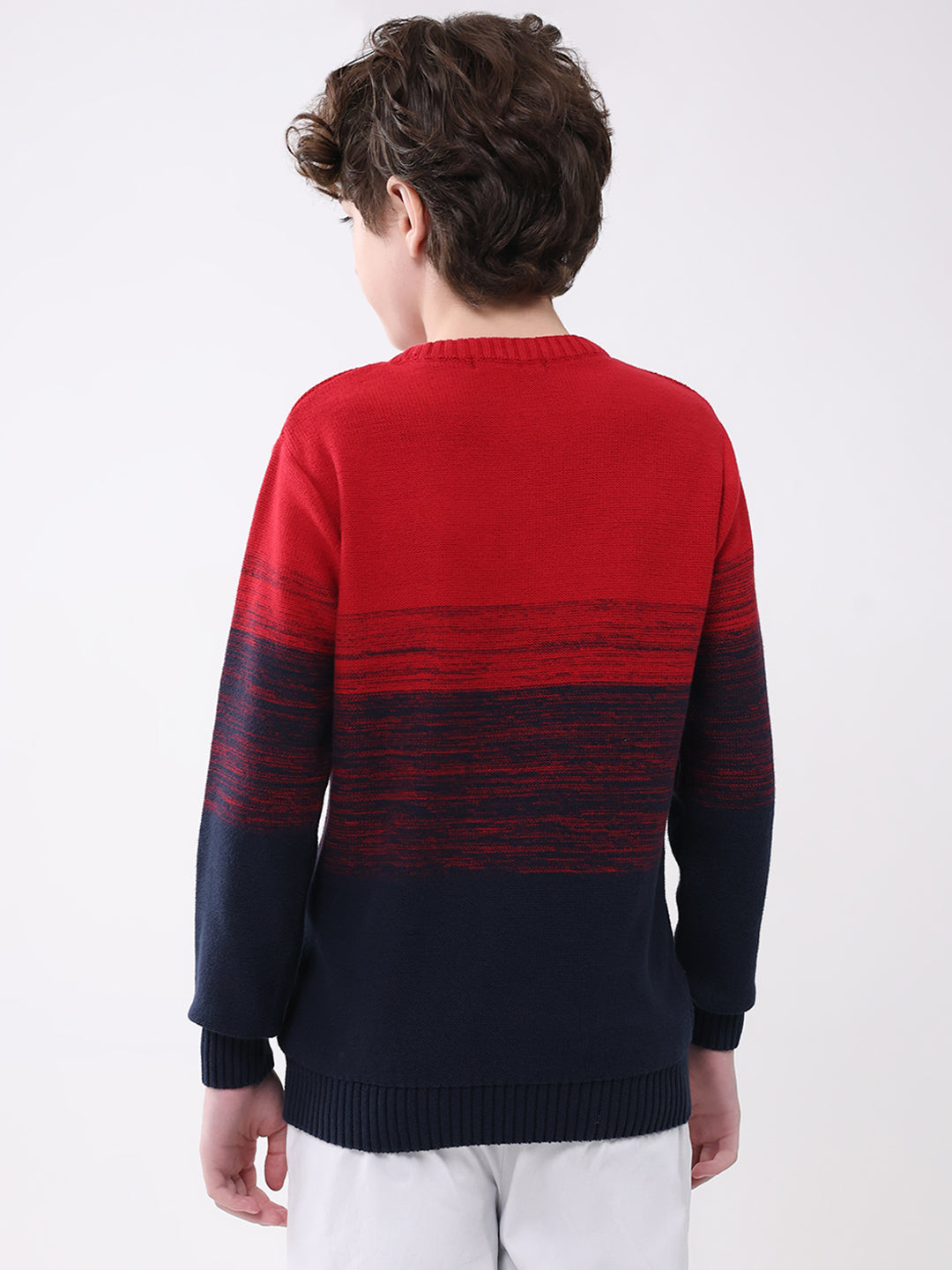 Boys Red Self Design Round Neck Full Sleeve Pullover