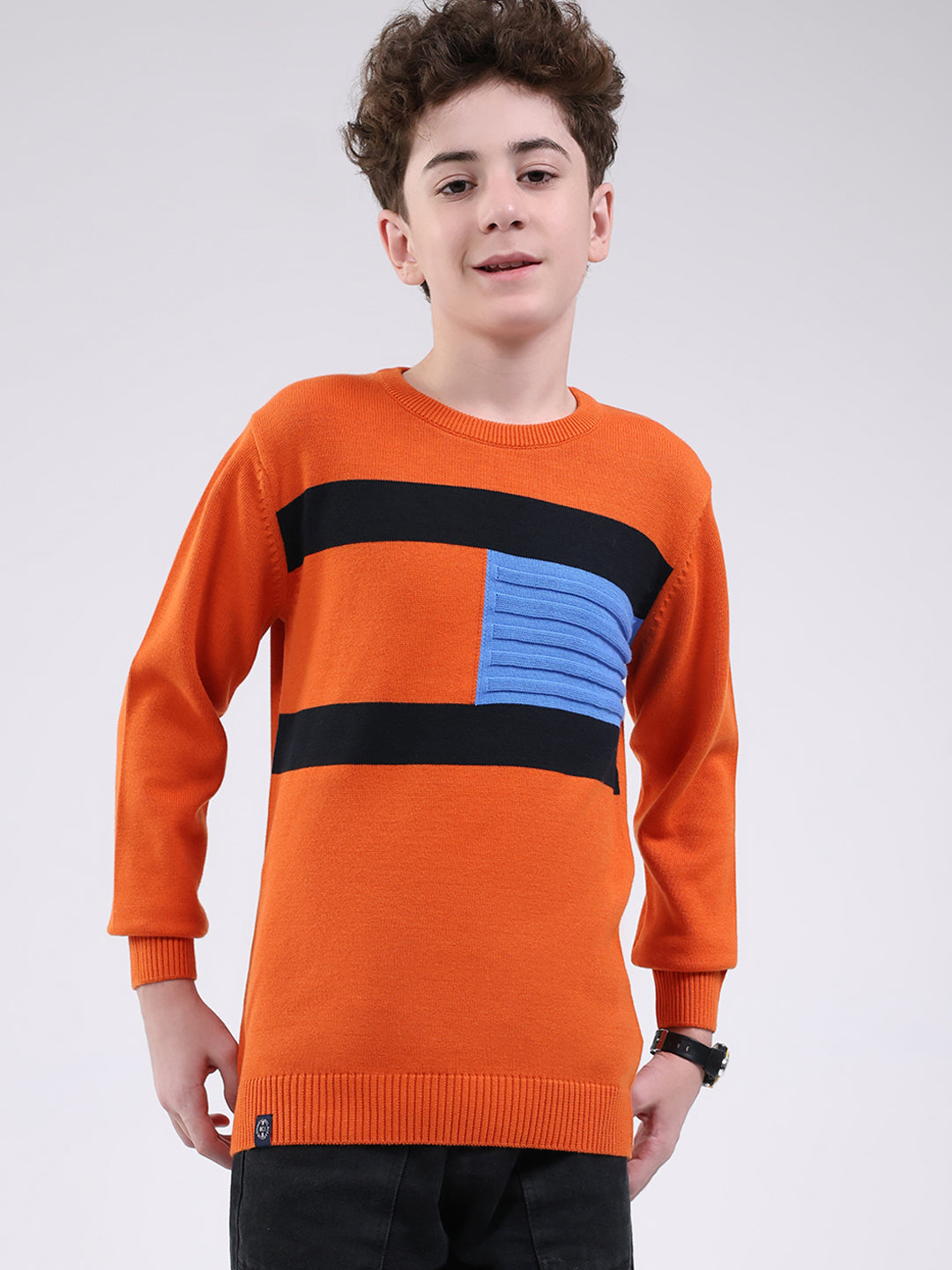 Boys Orange Self Design Round Neck Full Sleeve Pullover