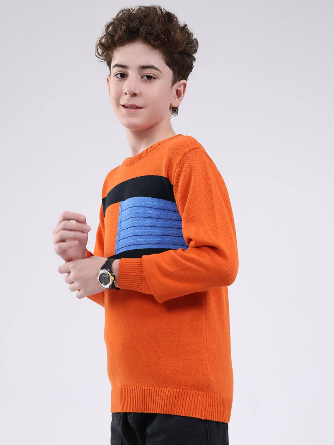 Boys Orange Self Design Round Neck Full Sleeve Pullover