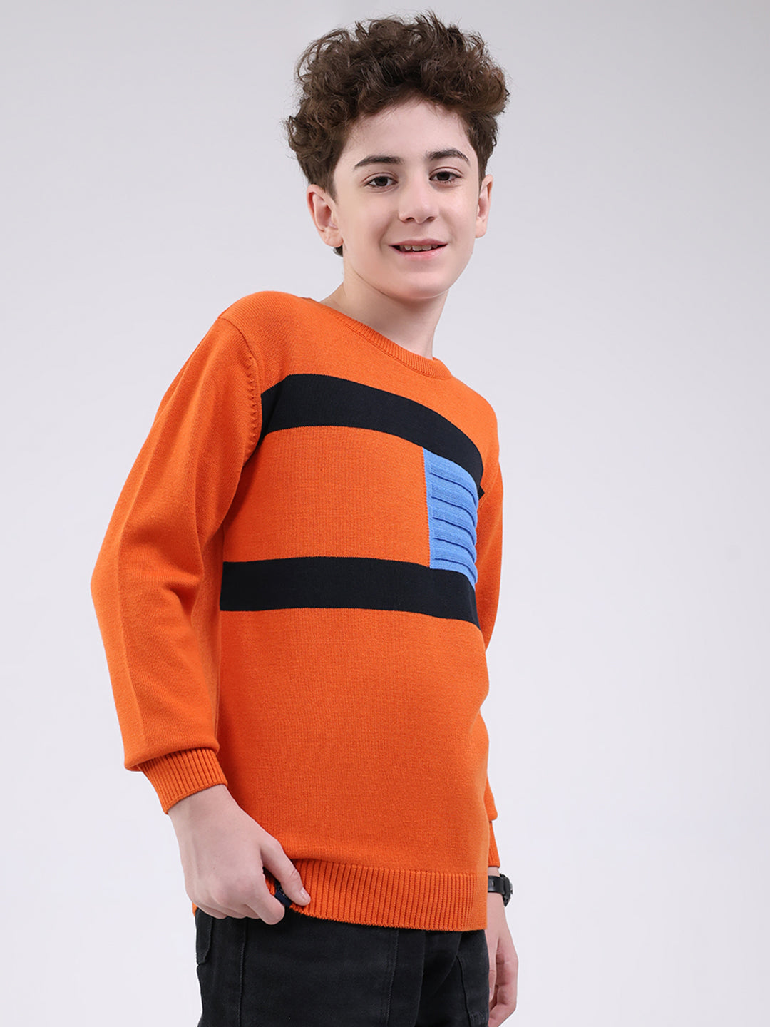 Boys Orange Self Design Round Neck Full Sleeve Pullover