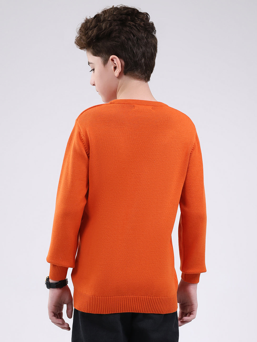 Boys Orange Self Design Round Neck Full Sleeve Pullover
