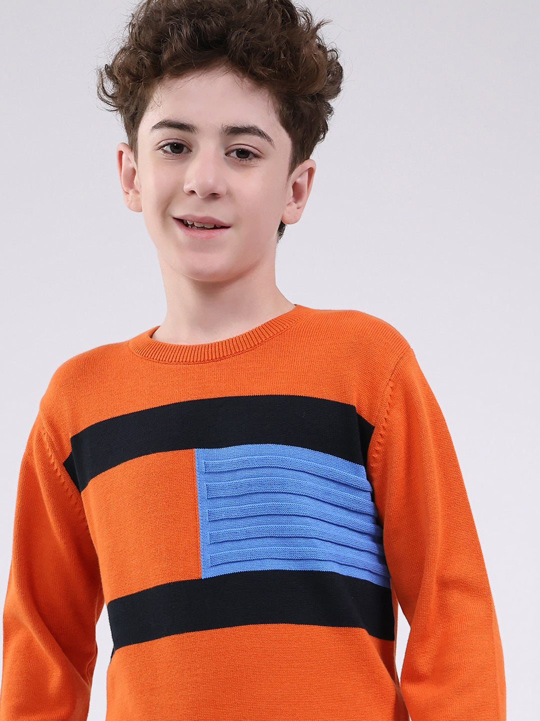 Boys Orange Self Design Round Neck Full Sleeve Pullover