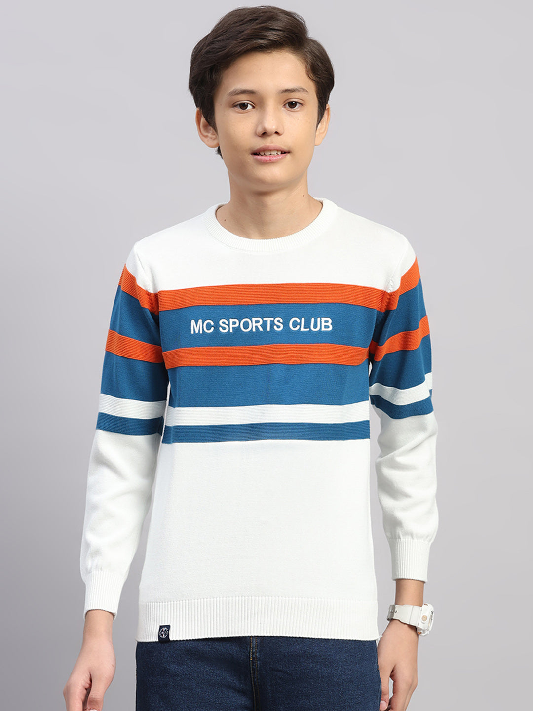 Boys Off White Stripe Round Neck Full Sleeve Pullover
