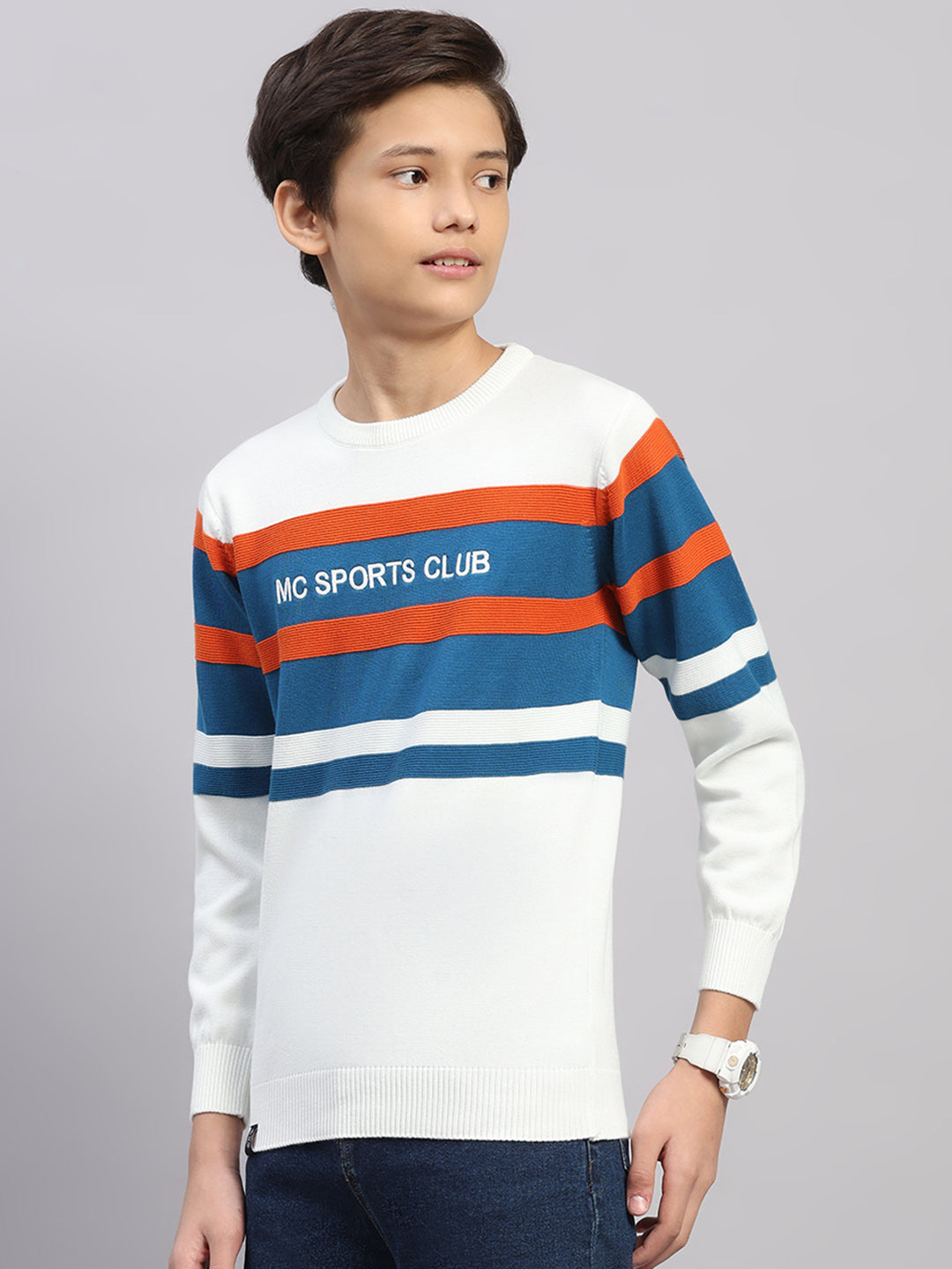 Boys Off White Stripe Round Neck Full Sleeve Pullover