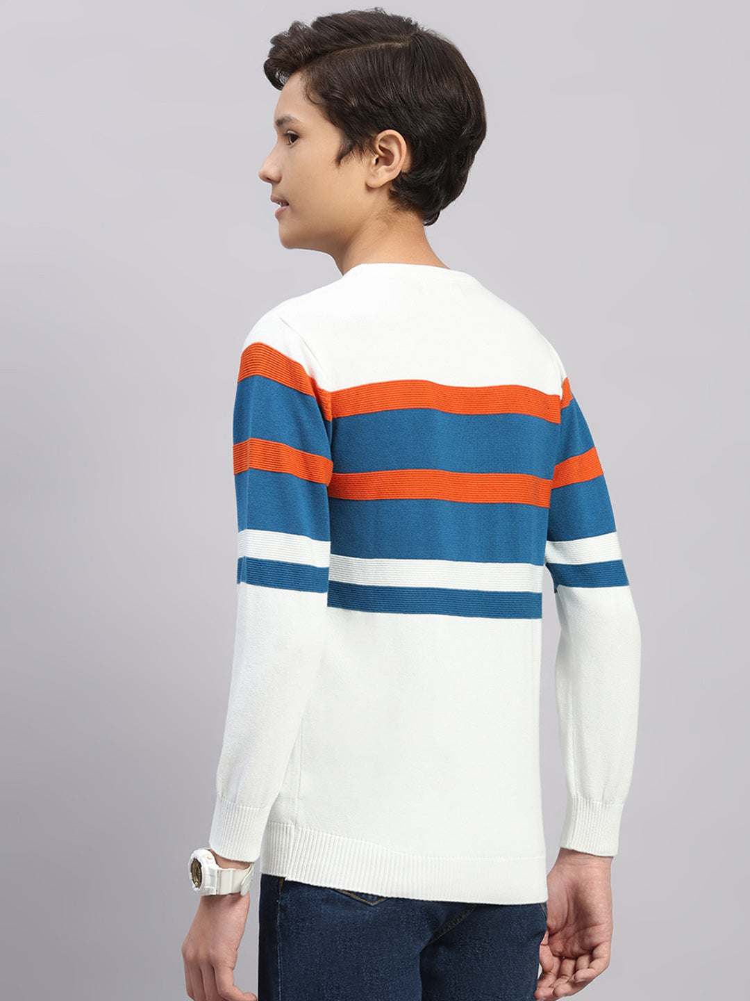 Boys Off White Stripe Round Neck Full Sleeve Pullover