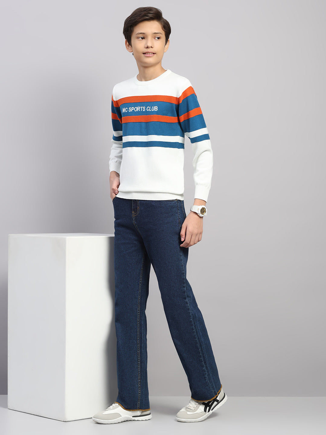 Boys Off White Stripe Round Neck Full Sleeve Pullover