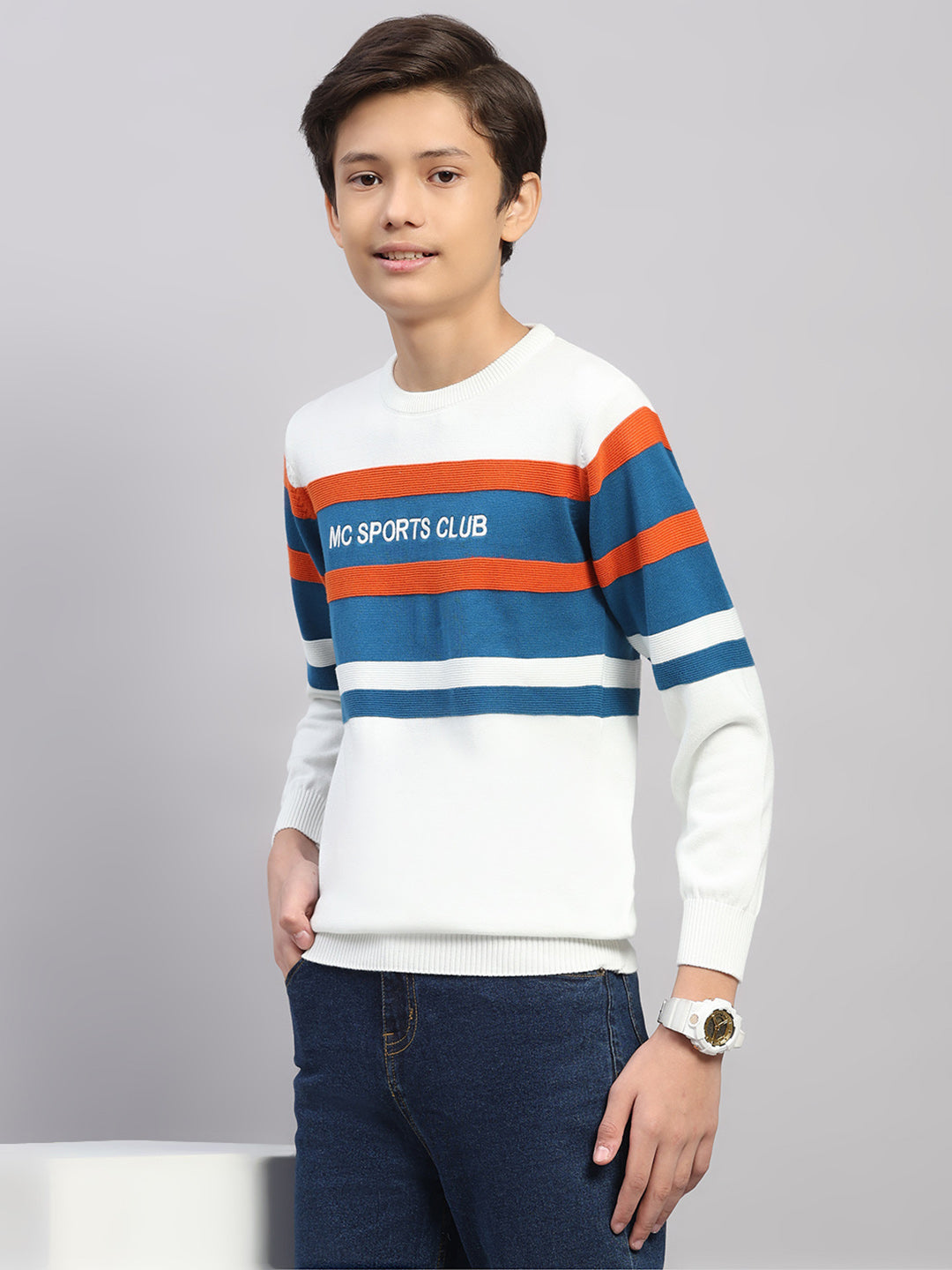 Boys Off White Stripe Round Neck Full Sleeve Pullover
