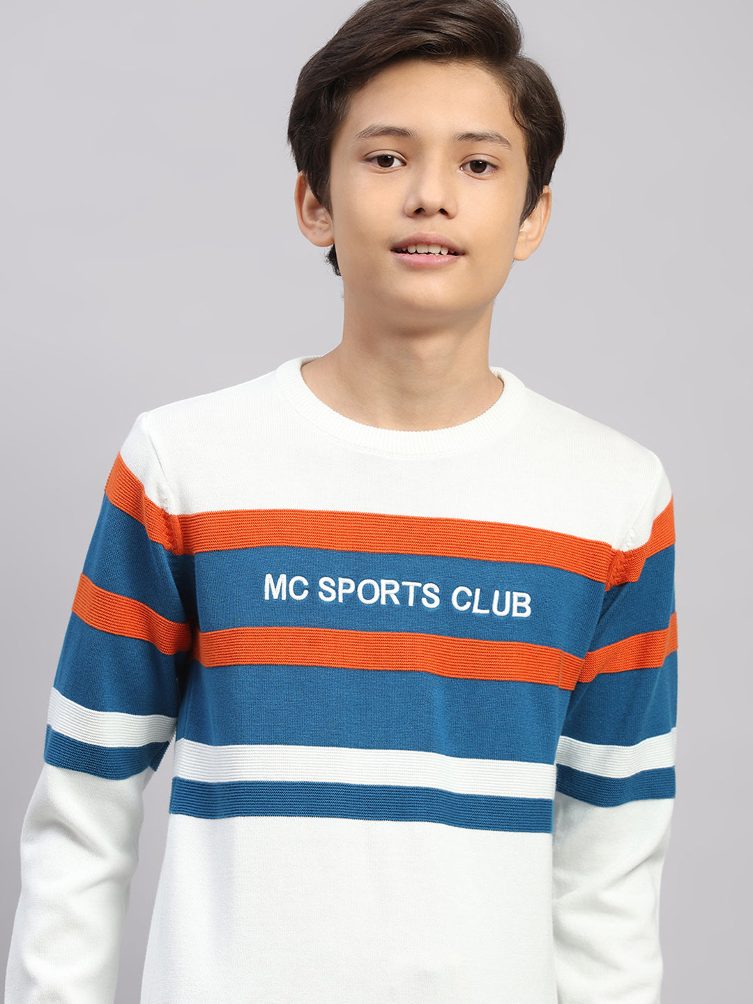 Boys Off White Stripe Round Neck Full Sleeve Pullover