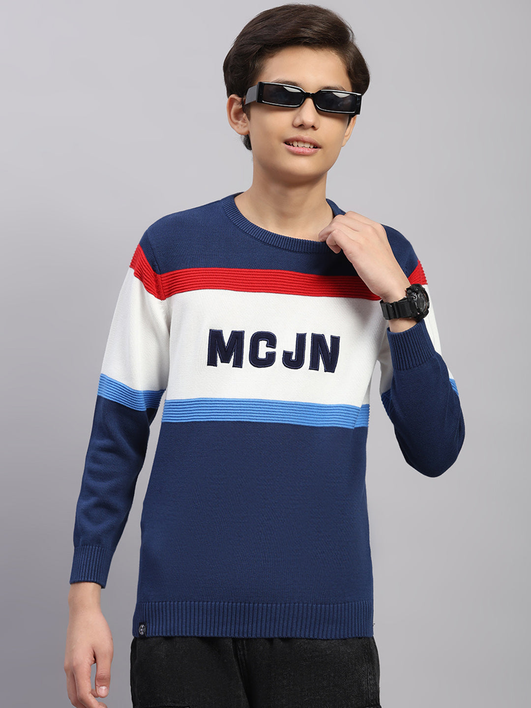 Boys Navy Blue Stripe Round Neck Full Sleeve Pullover