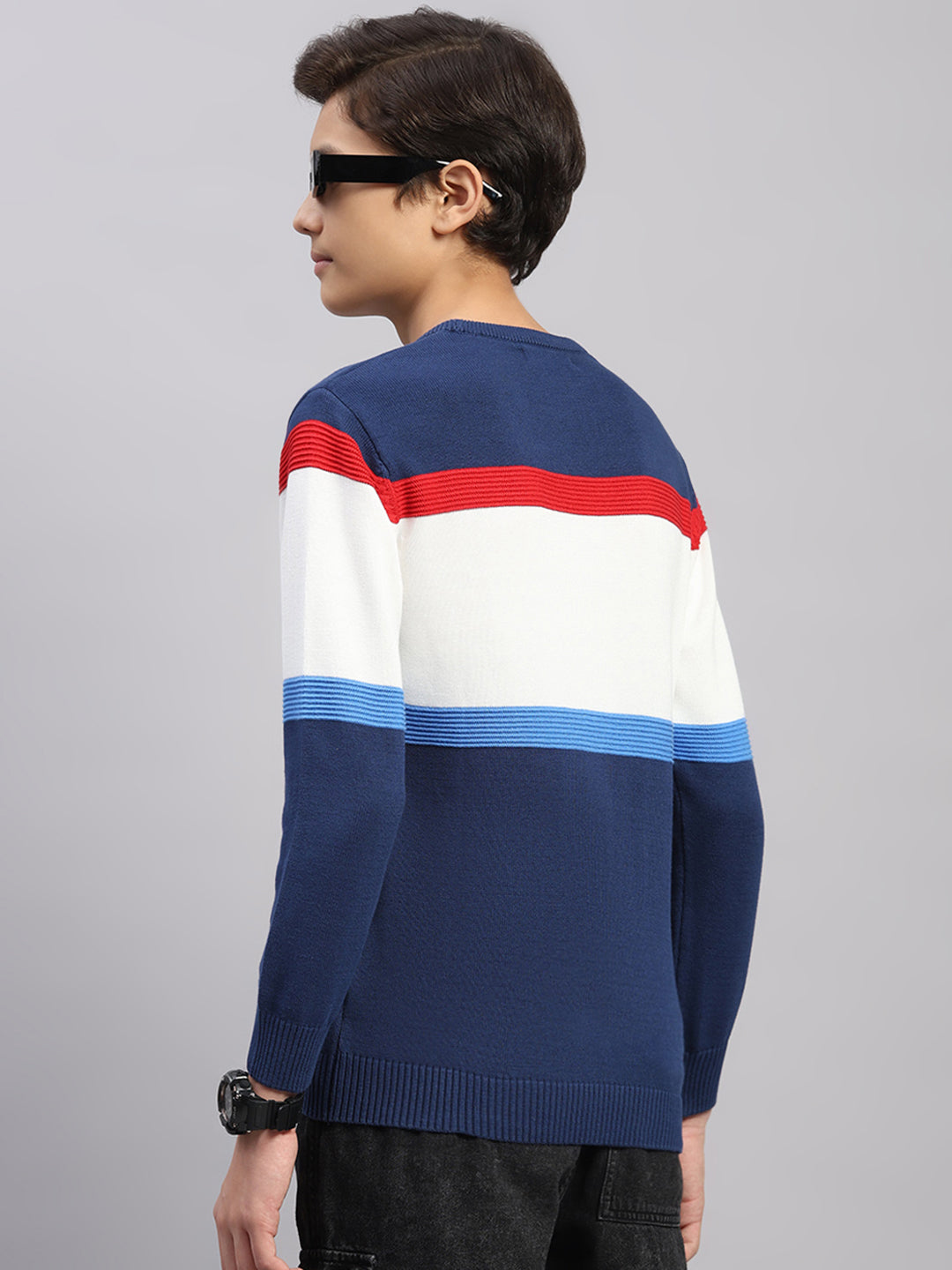 Boys Navy Blue Stripe Round Neck Full Sleeve Pullover