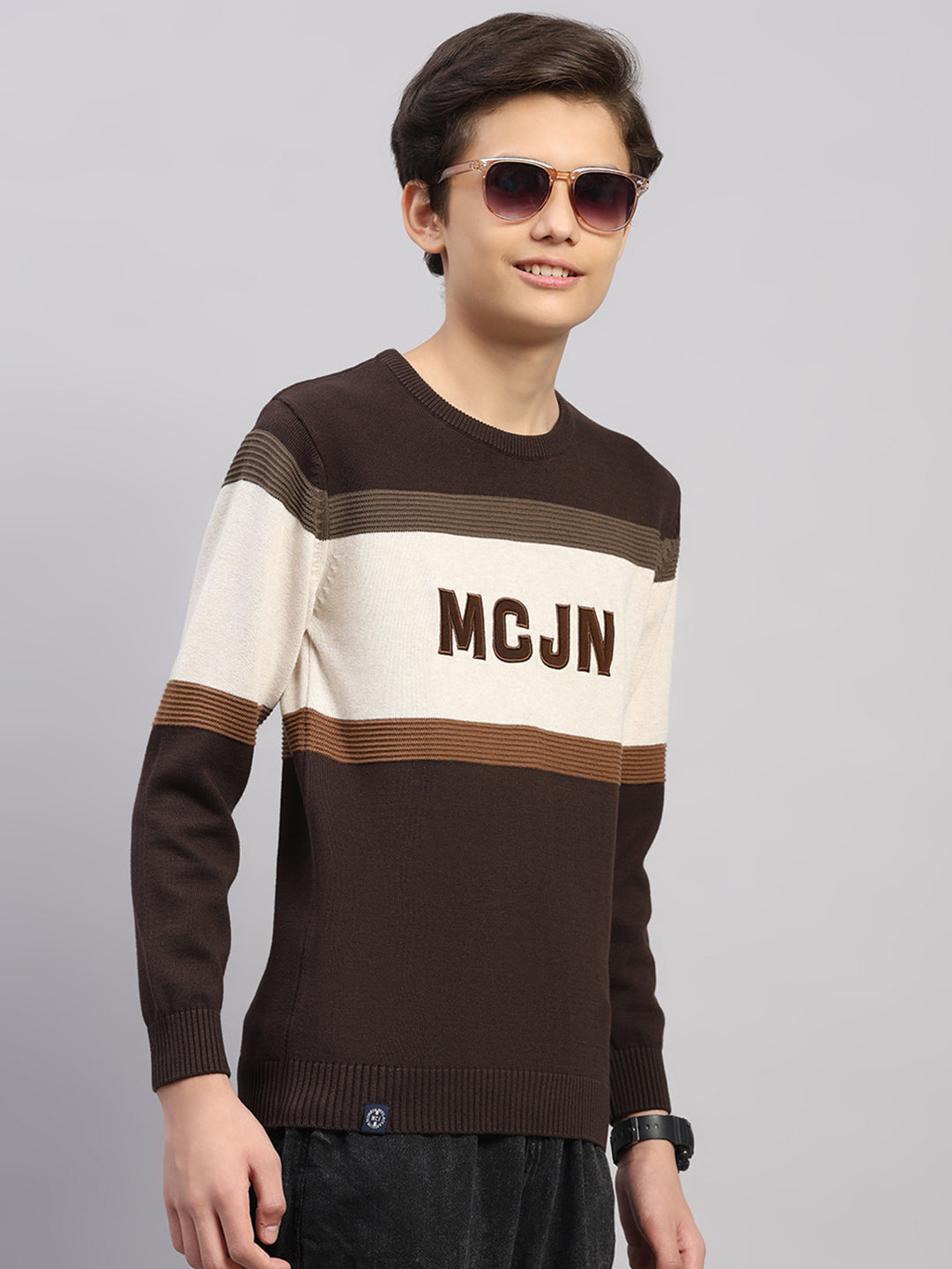 Boys Brown Stripe Round Neck Full Sleeve Pullover