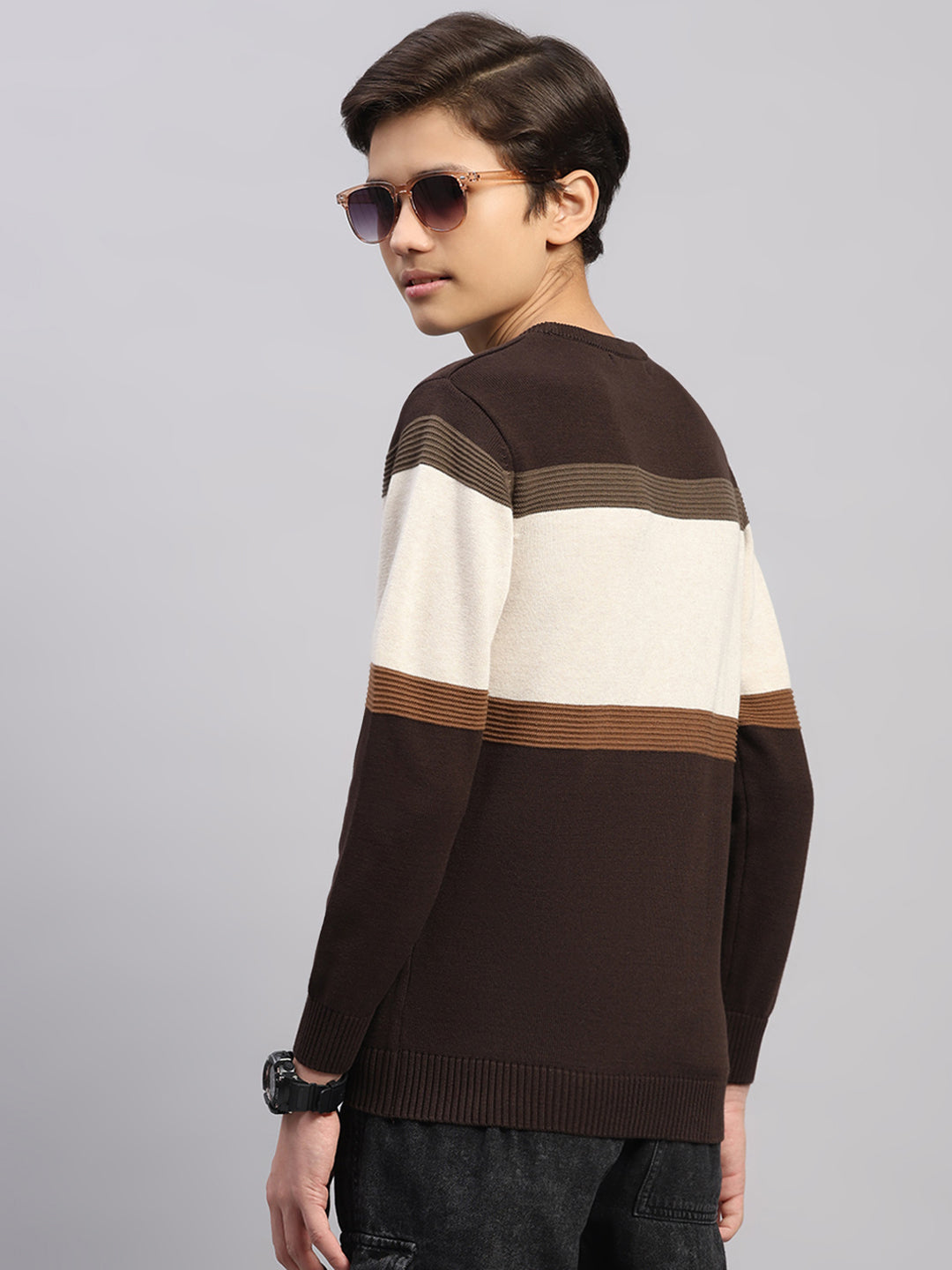 Boys Brown Stripe Round Neck Full Sleeve Pullover