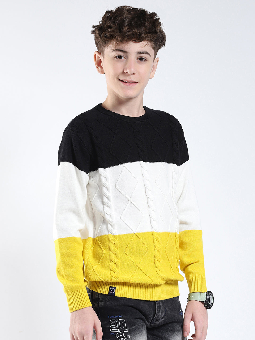 Boys Yellow Stripe Round Neck Full Sleeve Pullover
