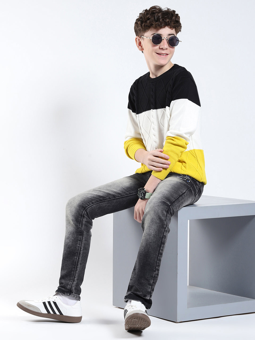 Boys Yellow Stripe Round Neck Full Sleeve Pullover