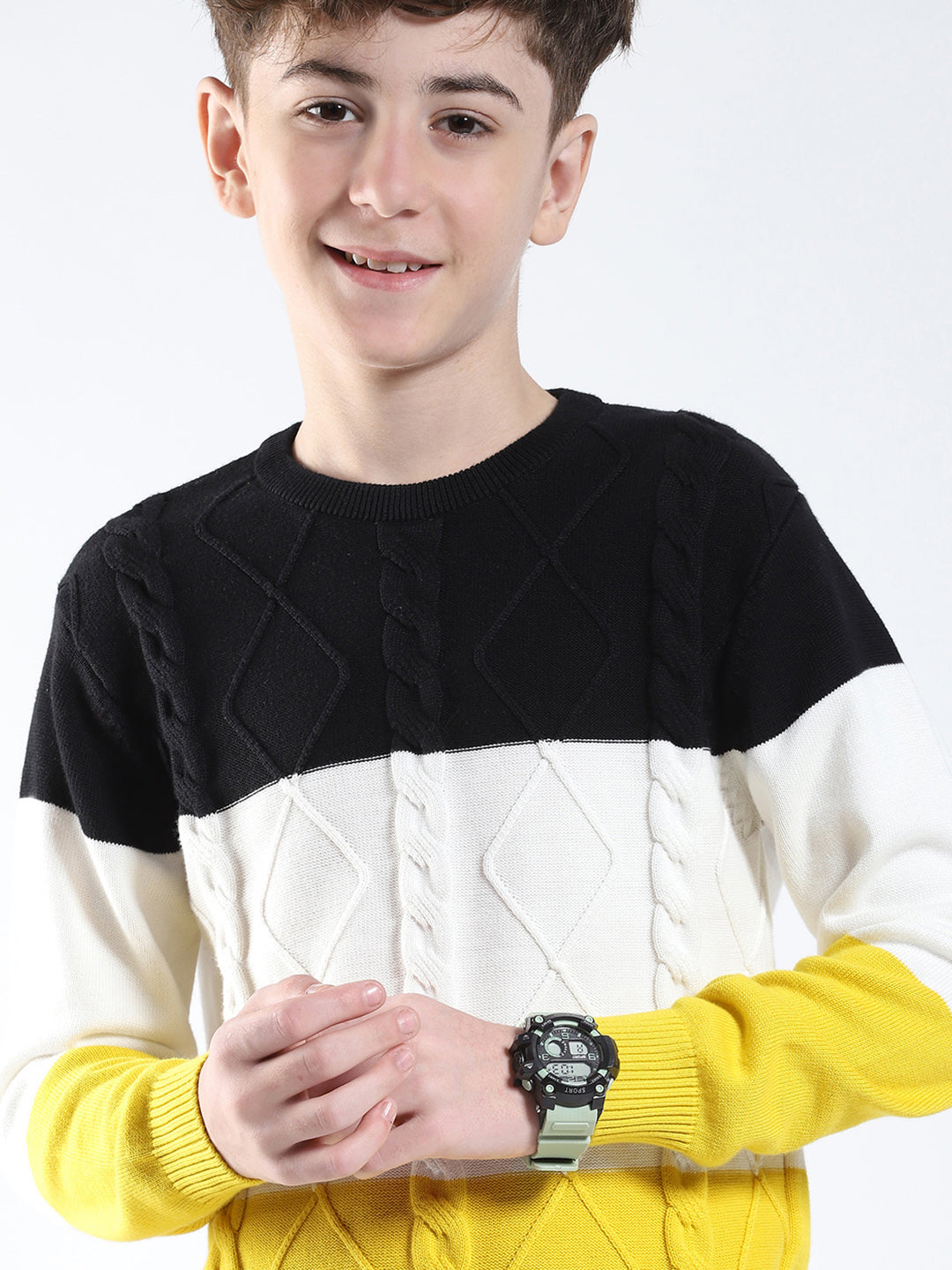 Boys Yellow Stripe Round Neck Full Sleeve Pullover