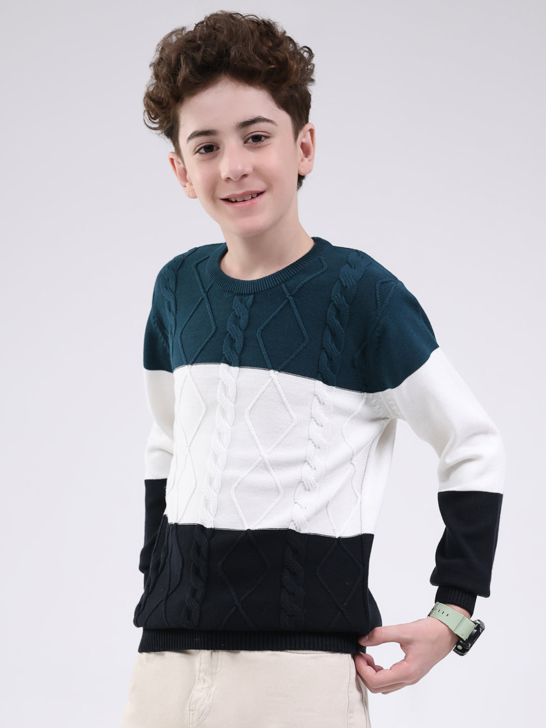 Boys Teal Blue Self Design Round Neck Full Sleeve Pullover
