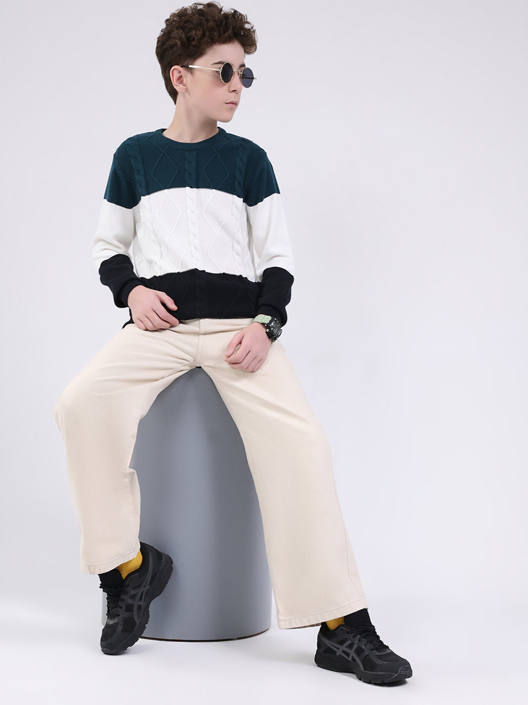 Boys Teal Blue Self Design Round Neck Full Sleeve Pullover